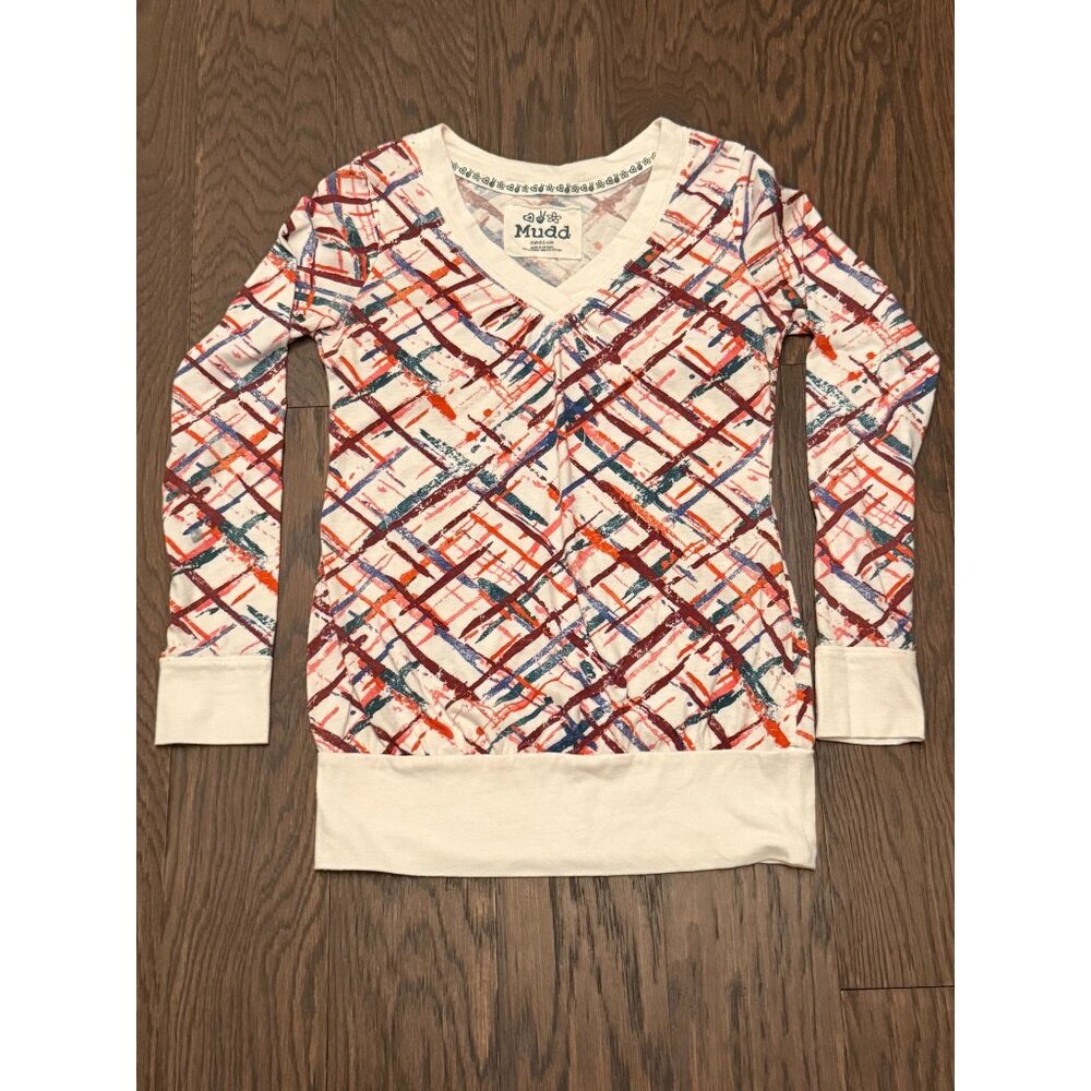 Y2K 2000's Mudd Colorful Splatter‎ Print Long-Sleeve Abstract Pattern Medium Top